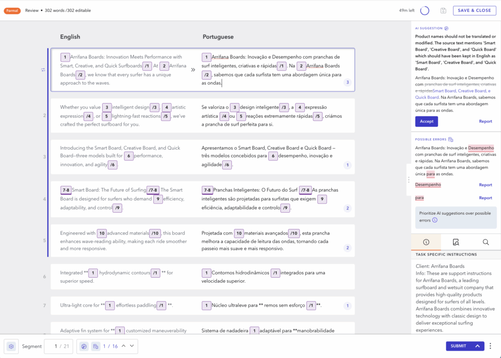Unbabel Translator Copilot showing English and Portuguese segments with AI suggestions and possible errors in a side panel