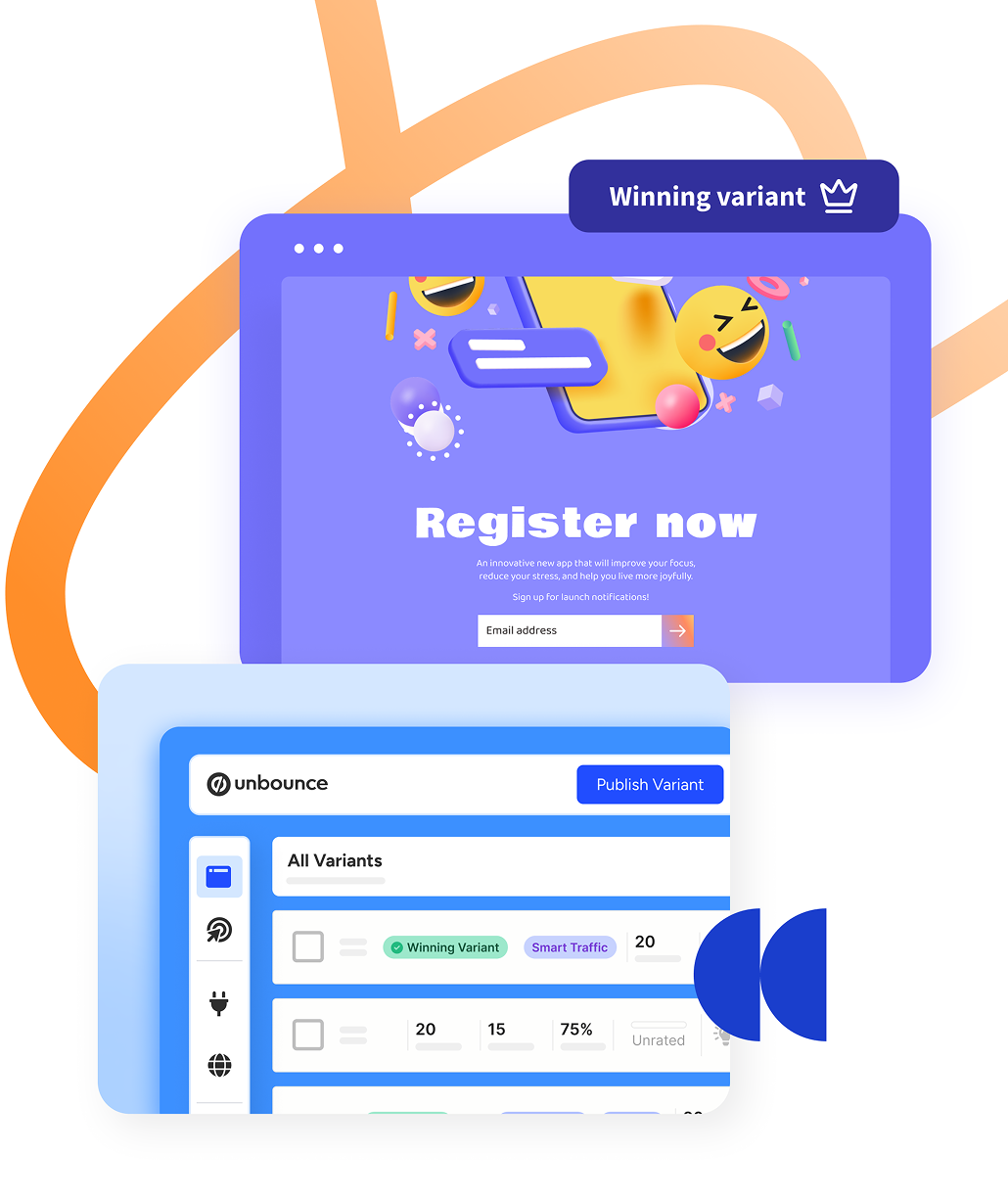 Unbounce illustration showing a winning landing-page variant and Smart Traffic dashboard
