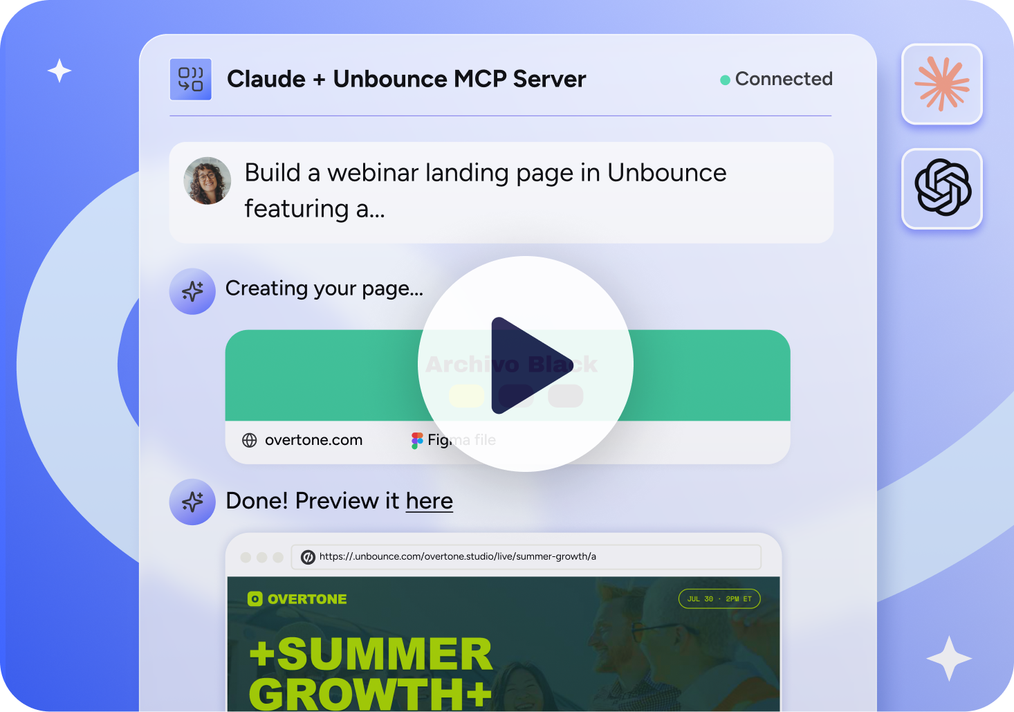 Illustration of Claude connected to the Unbounce MCP server and creating a webinar page