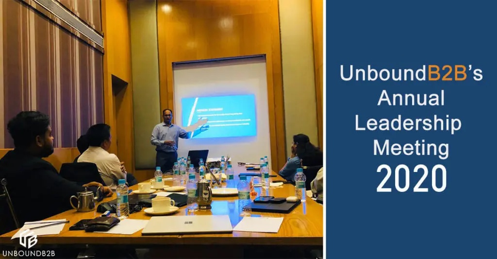 UnboundB2B leadership gathered around a conference table at its 2020 annual meeting