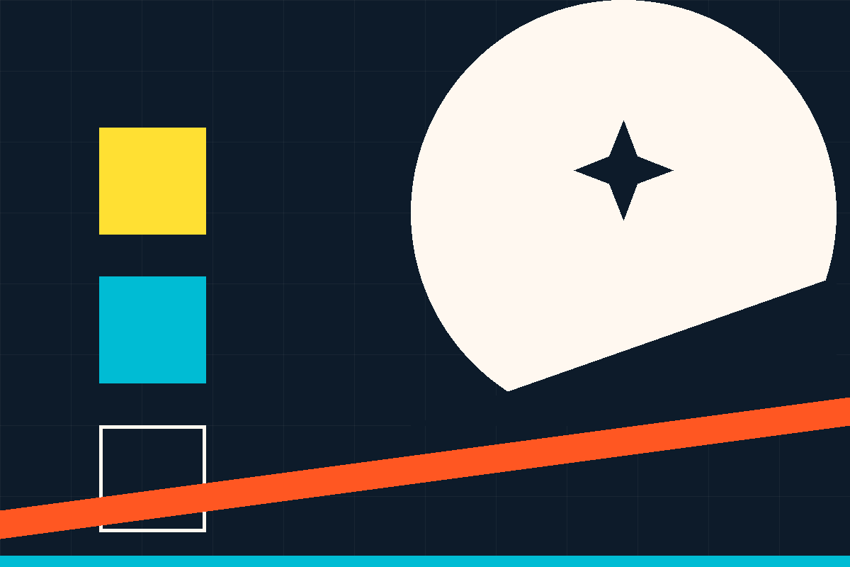 Swiss-style geometric composition using Unchained's navy, cream, yellow, teal and orange, evoking multiple keys and a custody vault.