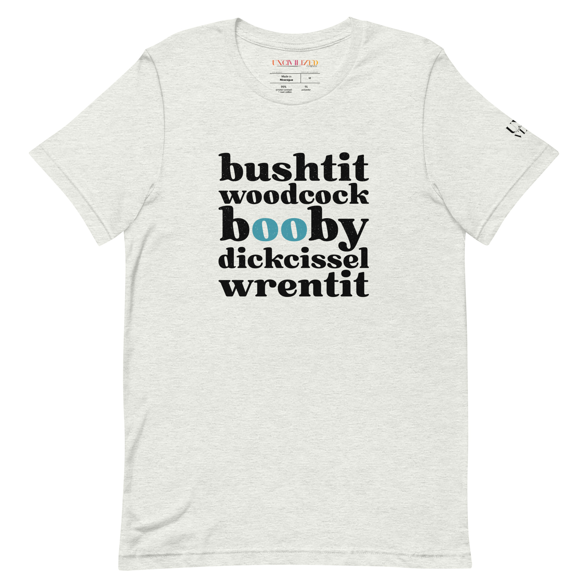 Light gray Cackle Birds tee with five bird names in heavy black type and two teal letters