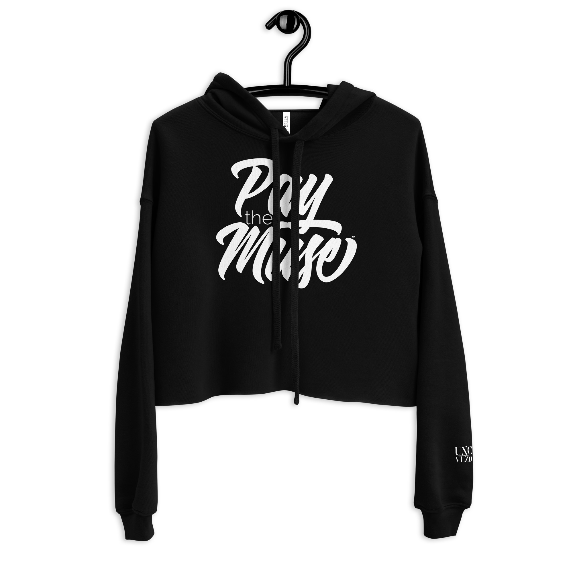 Black cropped hoodie with white Pay the Muse lettering and a small mark on the sleeve