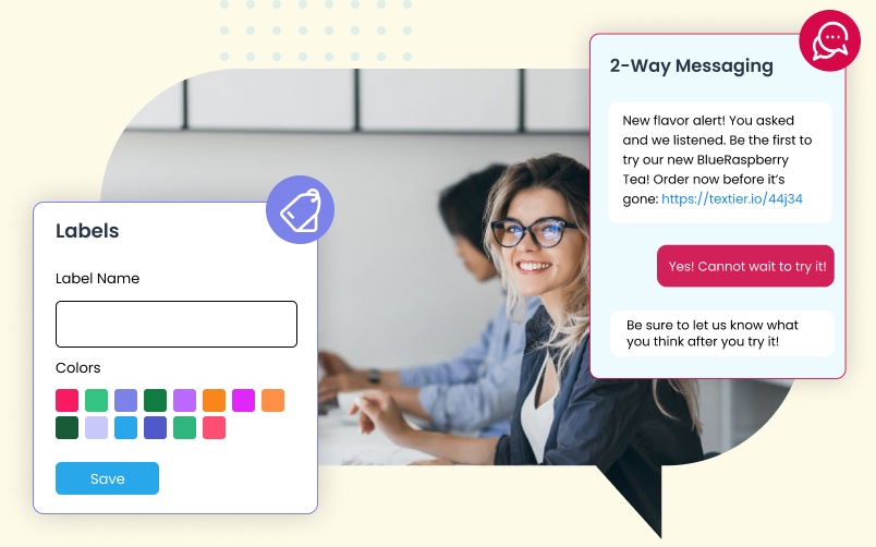 Uncode marketing collage showing conversation labels and an illustrative two-way business text exchange