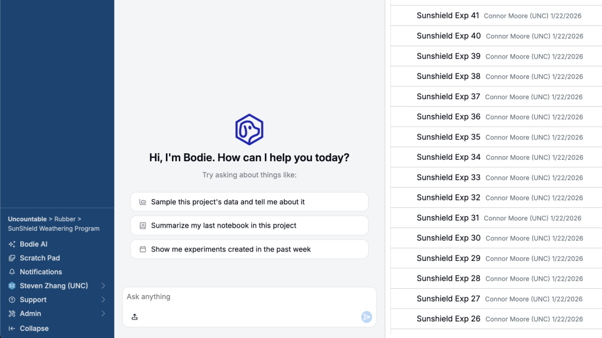 Bodie AI assistant open beside a list of experiments in the Uncountable platform