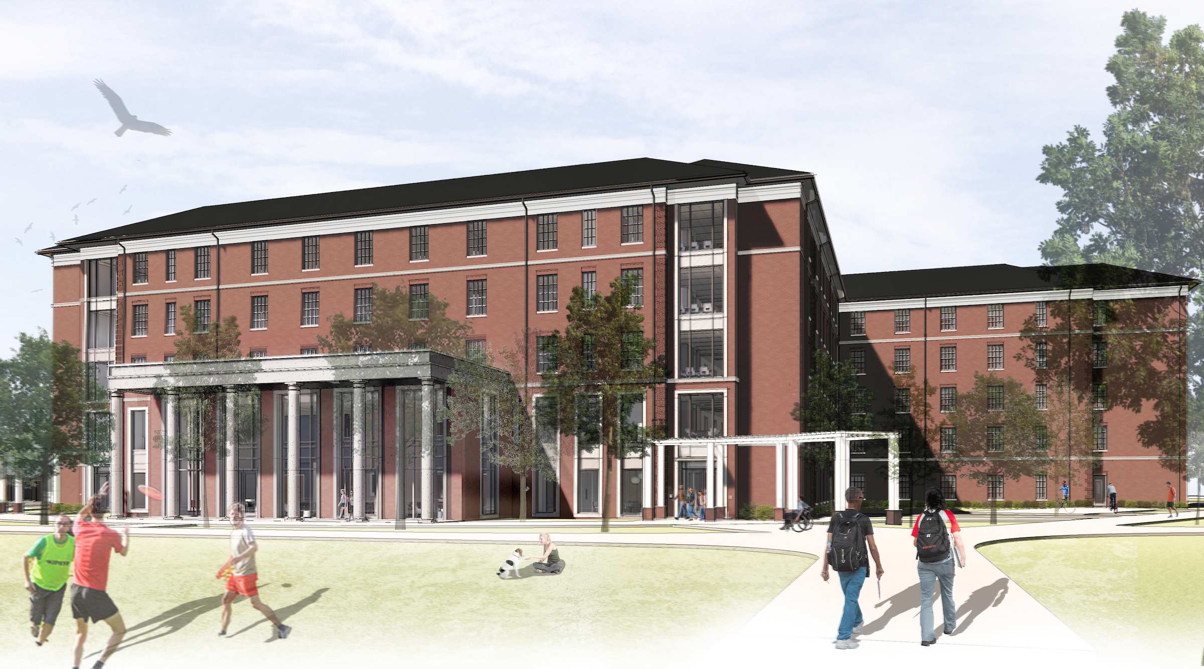 Architectural rendering of UNCW’s planned new residence hall beside the quad