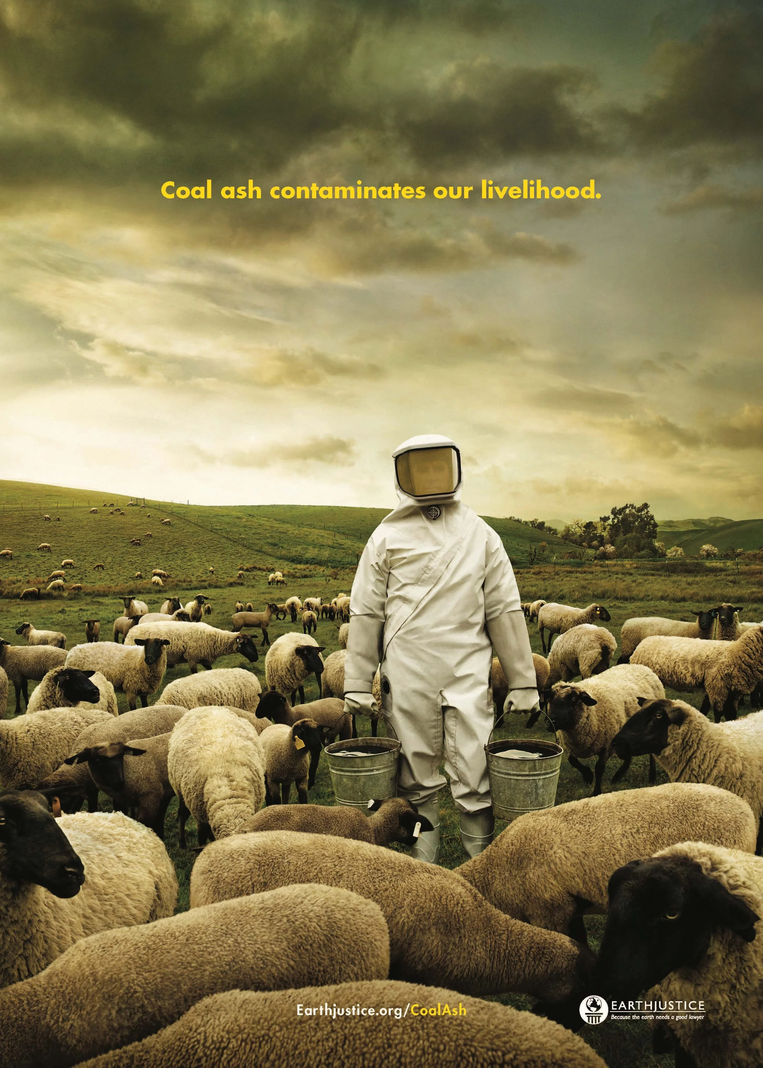 Earthjustice advertisement showing a person in a hazmat suit among sheep