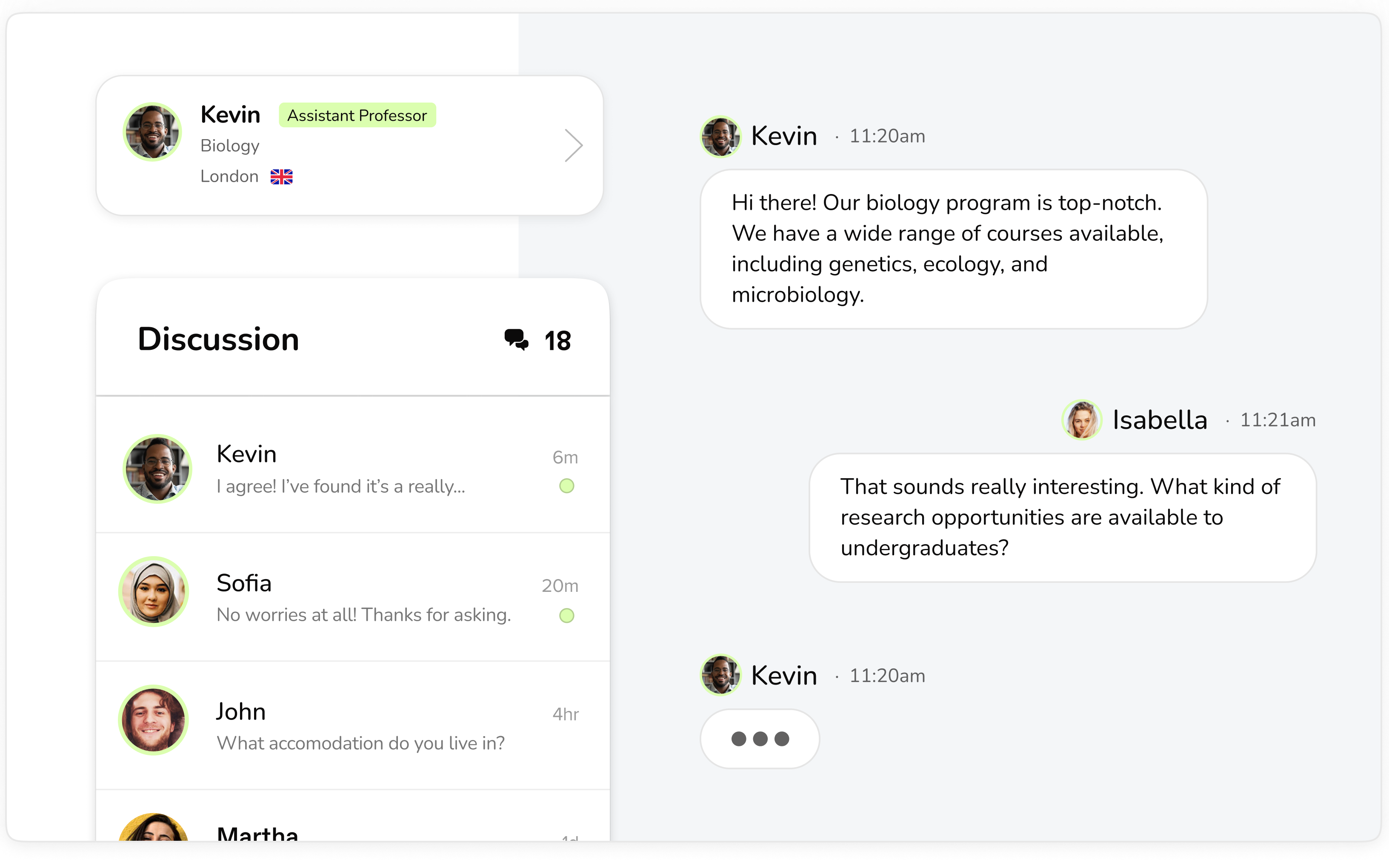 Unibuddy product interface showing ambassador profiles and a one-to-one discussion