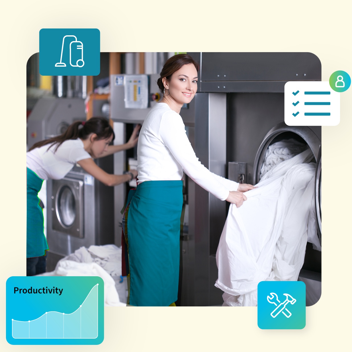 Unifocus promotional image showing hotel laundry workers with housekeeping and maintenance graphics