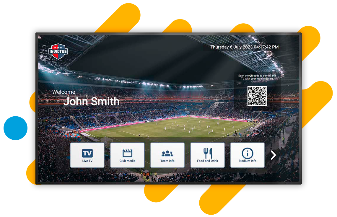 Uniguest Interactive Arena TV example interface with live TV, club media, food, and stadium information options