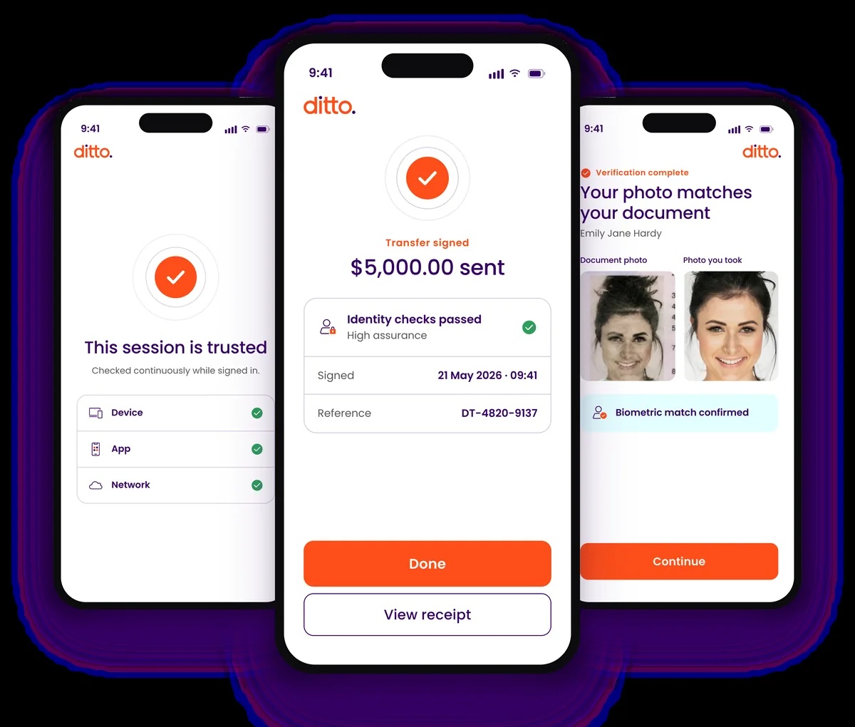 Ditto product mock-up showing three smartphone screens
