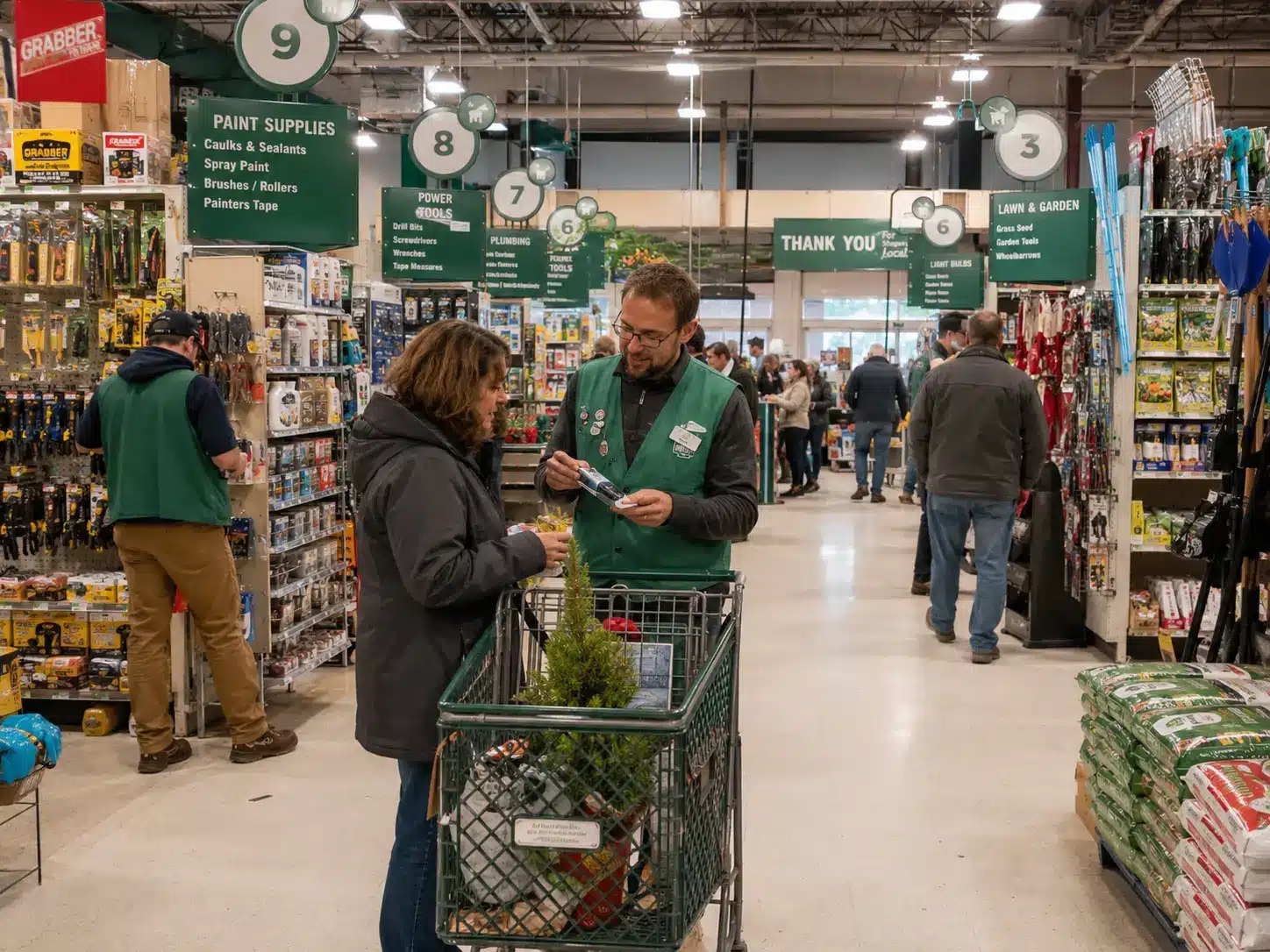 A McGuckin Hardware associate in a green vest helps a customer in a stocked store aisle