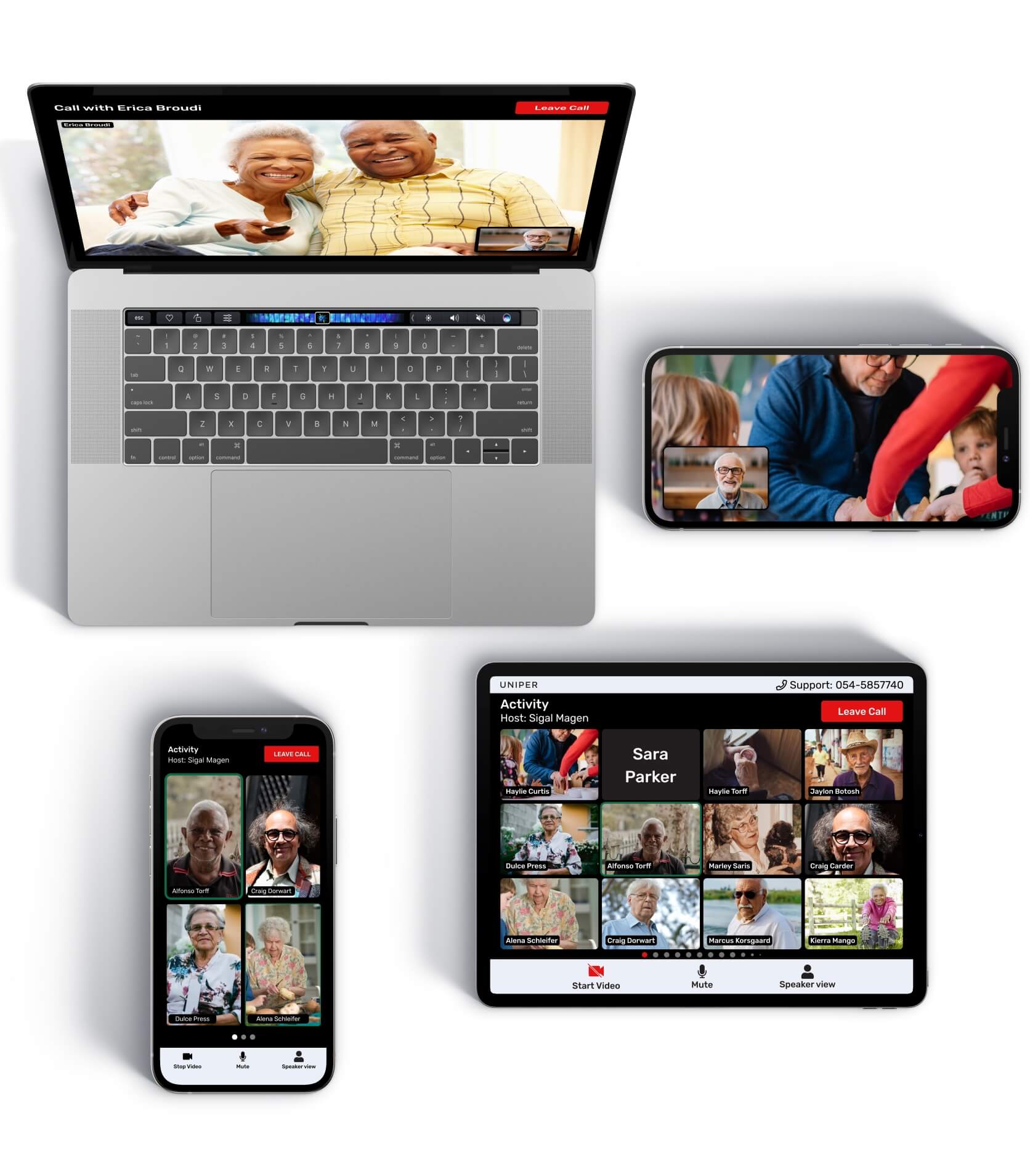 Uniper video calls and a group activity shown on a laptop, phones and tablet