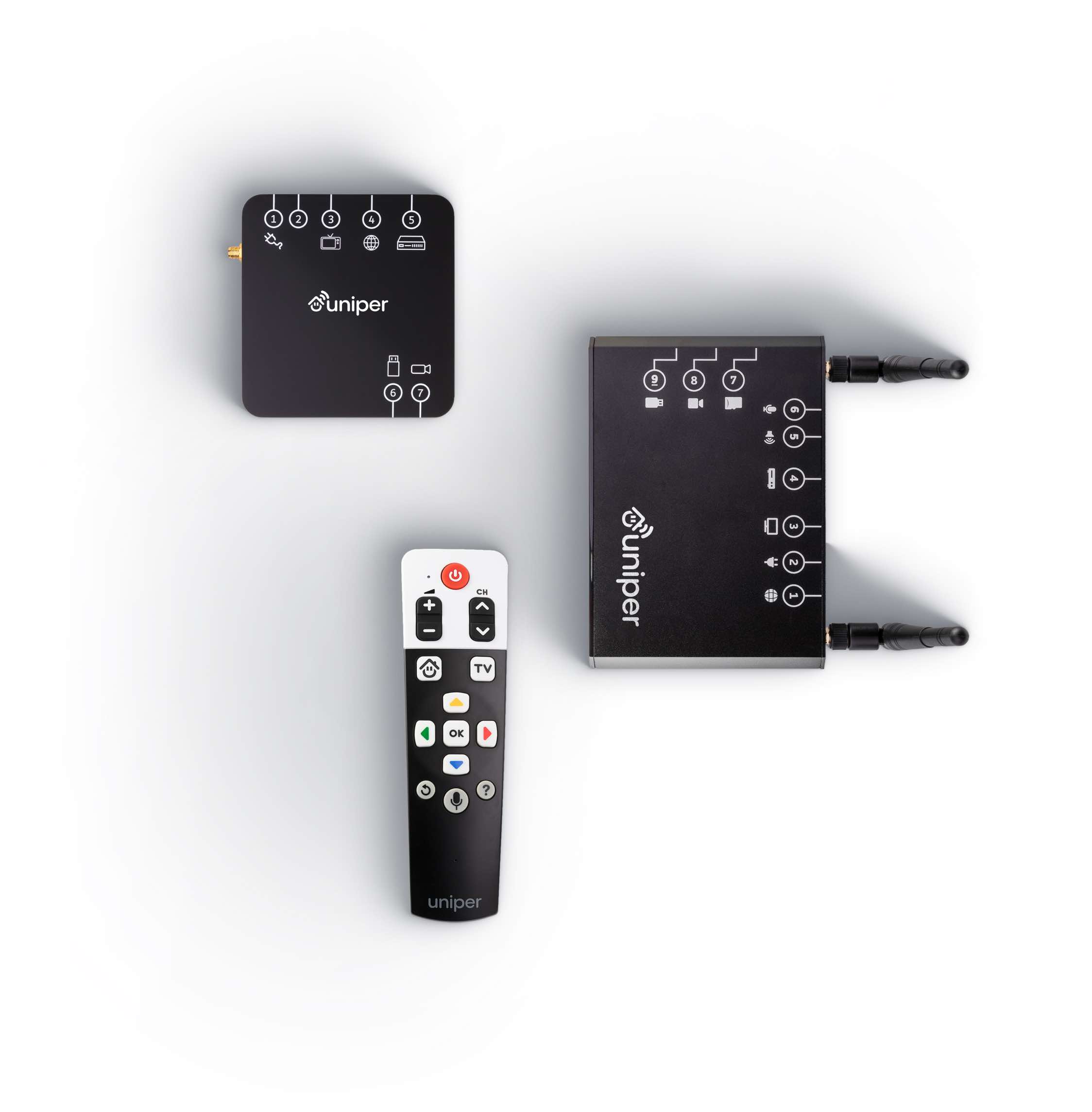 Uniper’s two black TV connection boxes and its large-button remote control