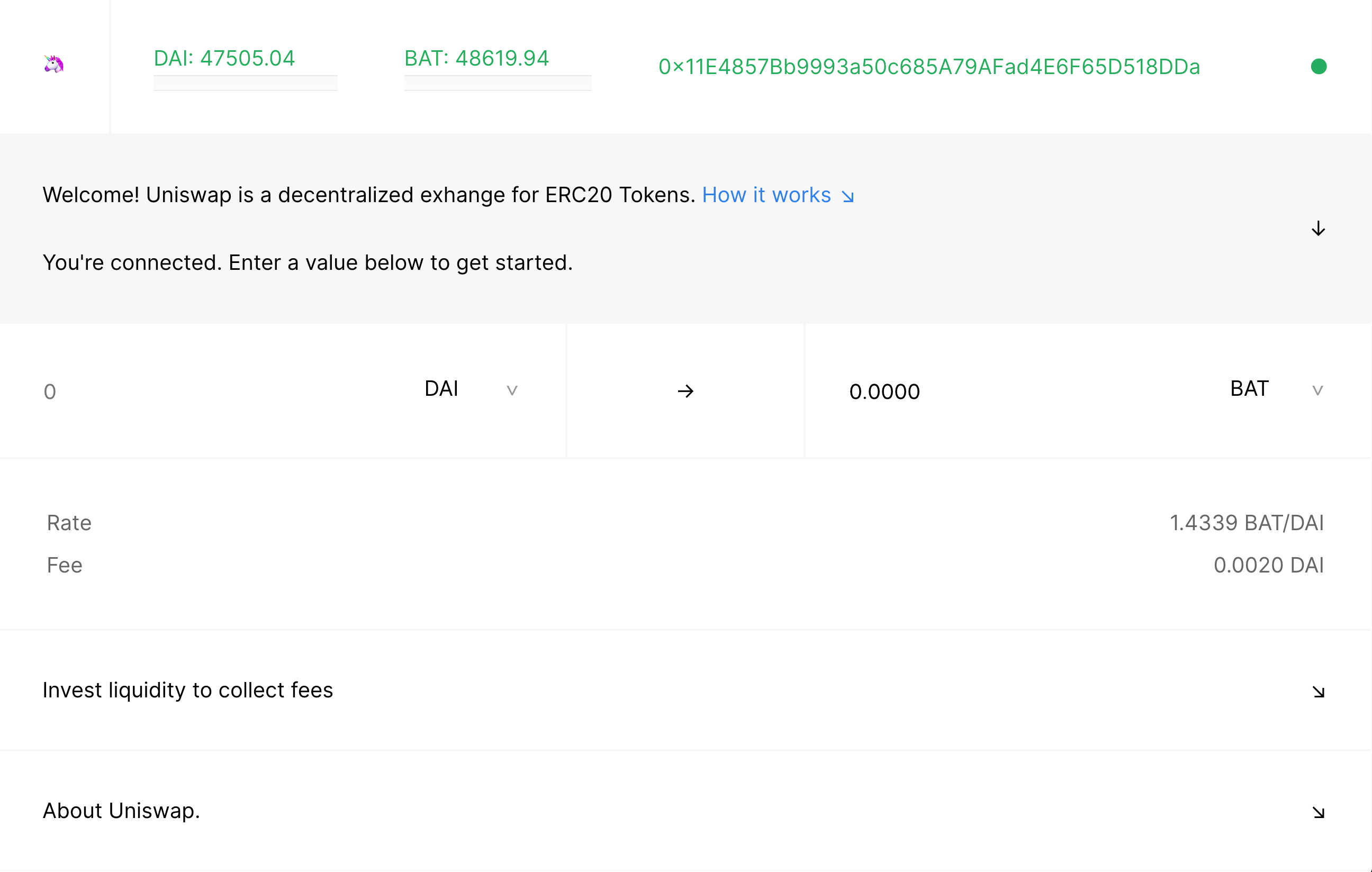 Uniswap’s early pre-alpha trading interface with simple token swap controls