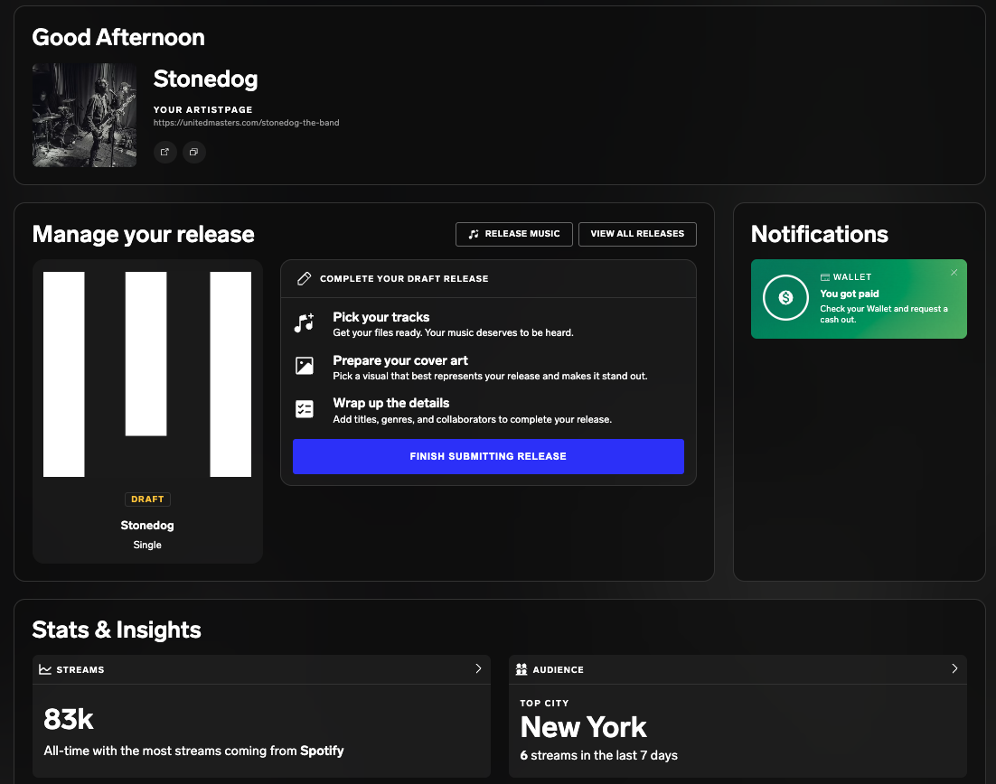 UnitedMasters web dashboard showing release management, wallet notification and streaming insights