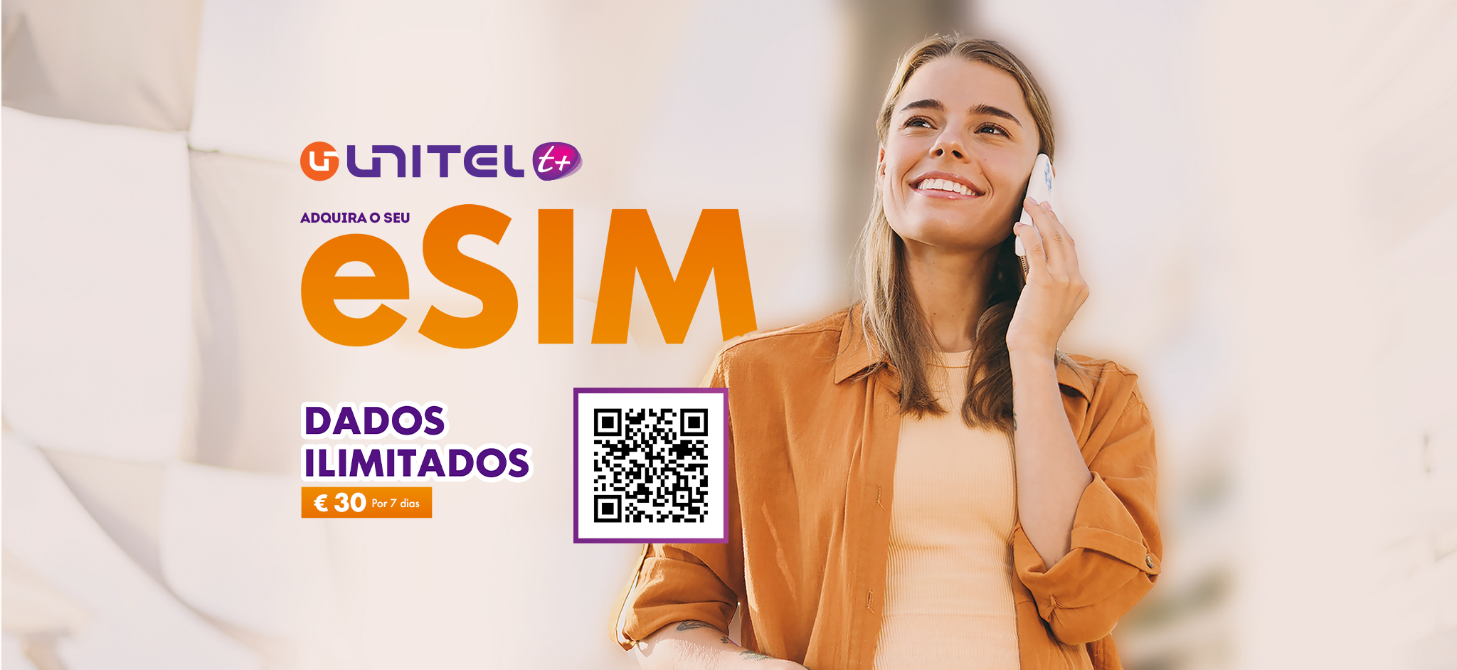 Unitel T+ eSIM campaign showing a traveller holding a phone