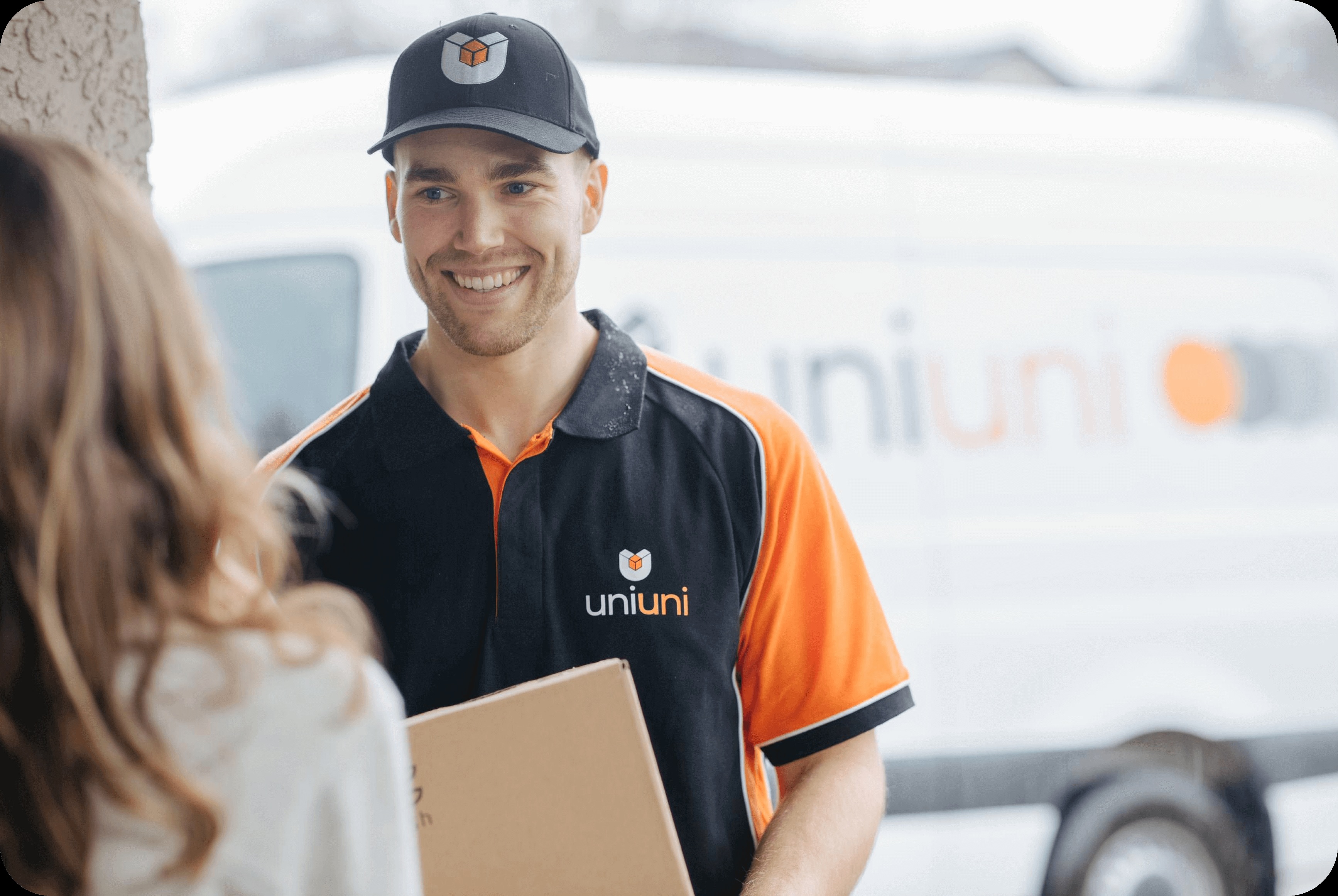 UniUni promotional photograph showing a uniformed courier handing a parcel to a customer