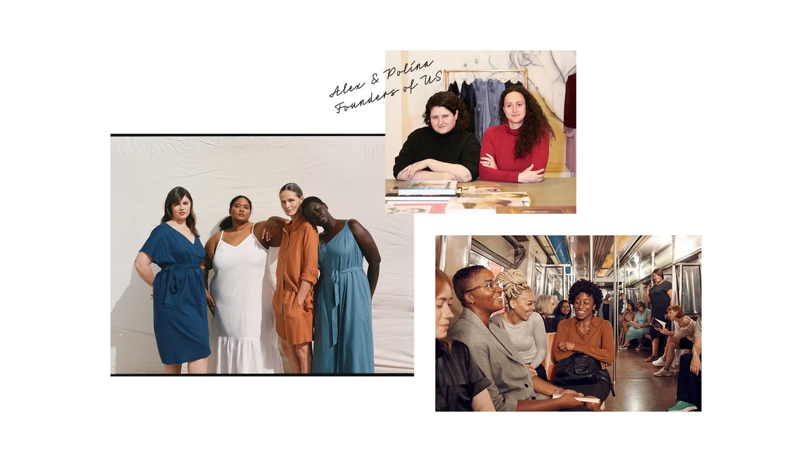 Universal Standard collage with founders Alexandra Waldman and Polina Veksler, models in dresses and people on a subway