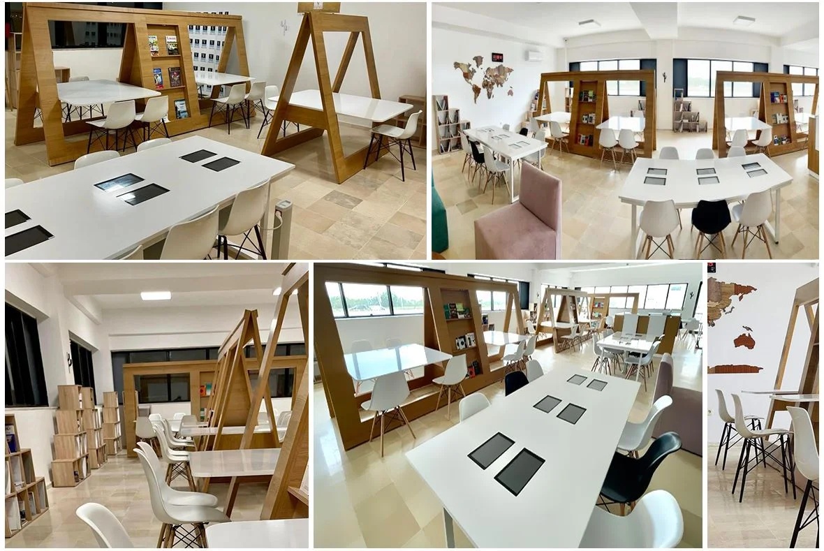 A collage of UET Student Hub rooms with shared tables, inset tablets and wooden shelving