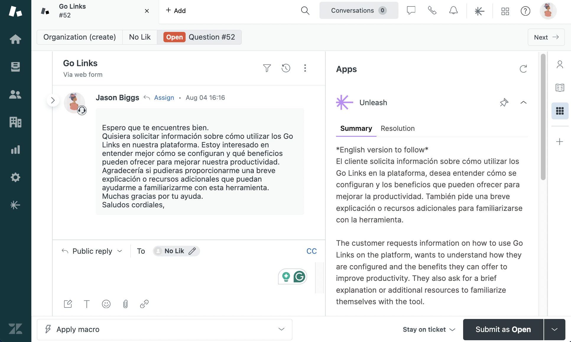 Unleash’s assistant panel summarizing a Spanish-language ticket inside Zendesk