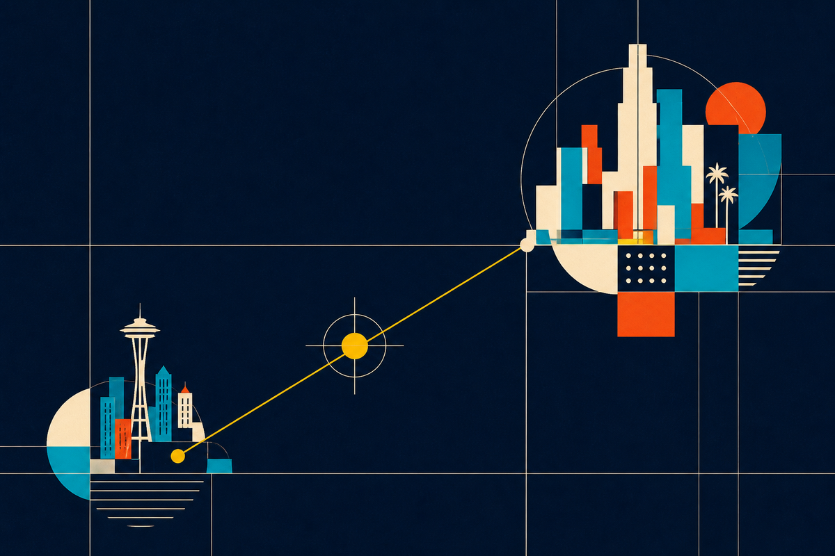 Abstract Swiss-style illustration connecting geometric versions of Seattle and Los Angeles with a bright seed-capital line