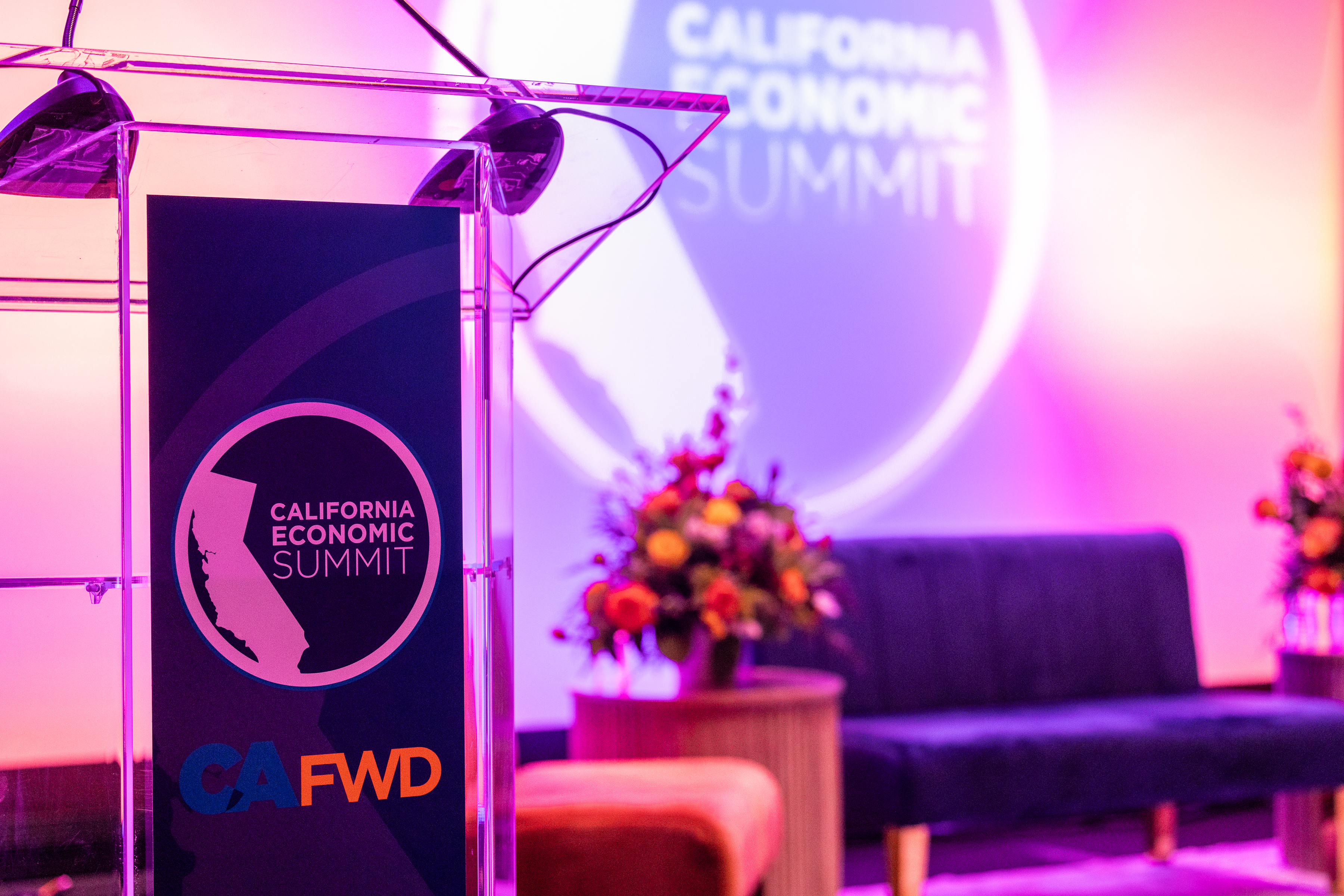 A colorful stage created for the California Economic Summit