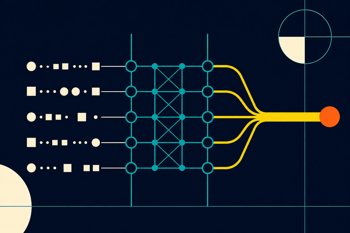 Abstract Swiss-style diagram showing many inputs passing through an orchestration grid and becoming one completed output