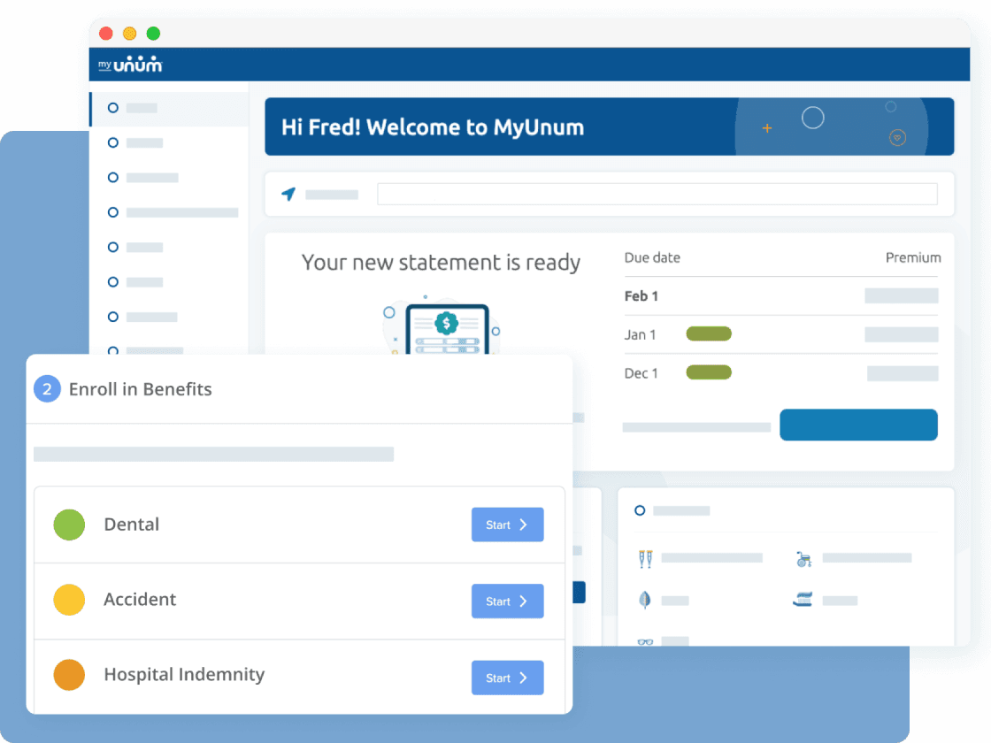 Unum promotional product image showing the MyUnum dashboard and benefits application interface