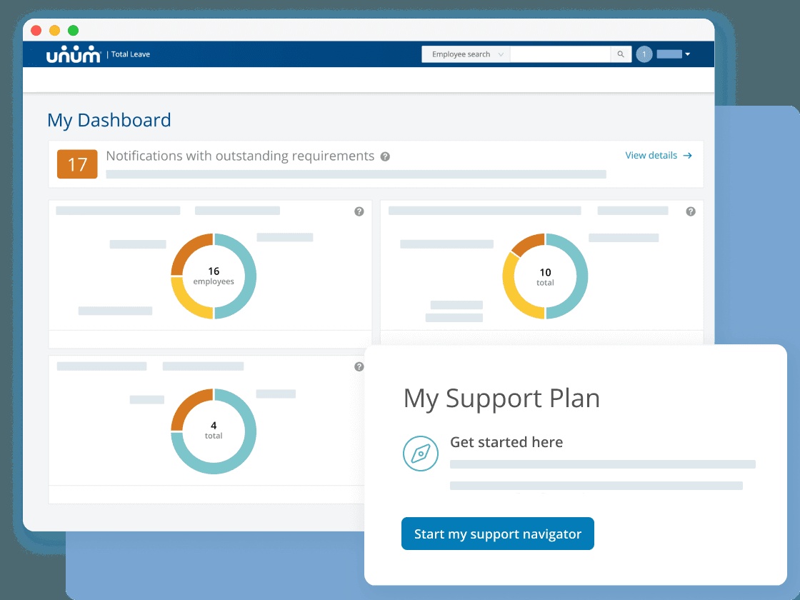 Unum promotional illustration showing its leave-management dashboard and support-plan interface