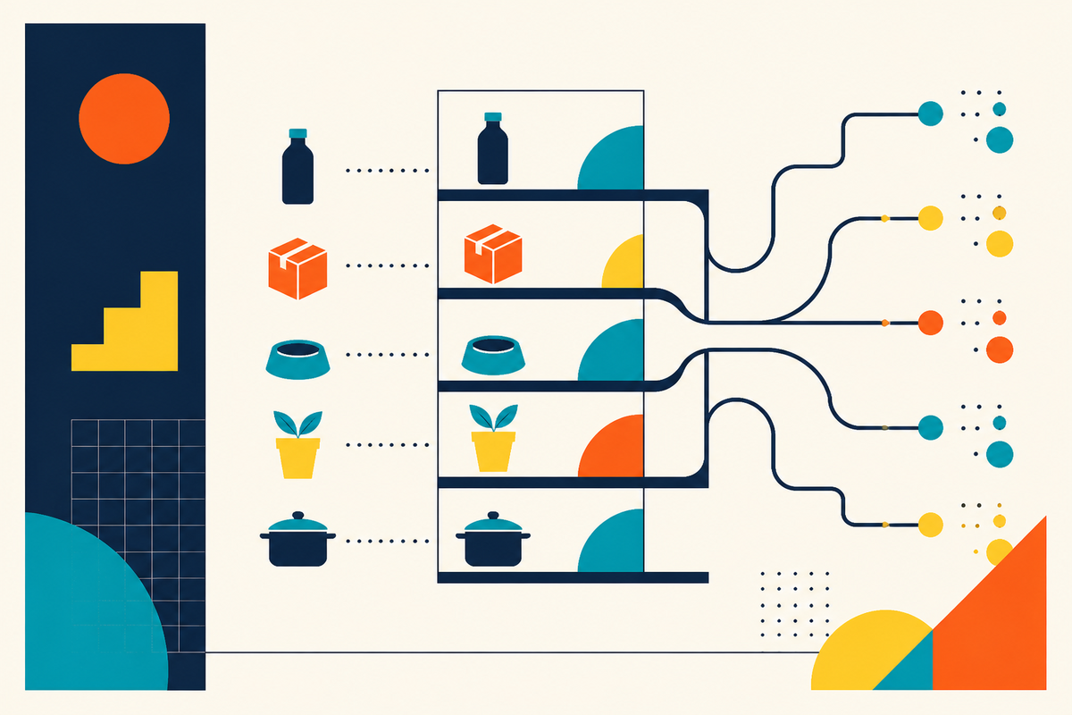 Abstract Swiss-style illustration of consumer products moving through a shared operating platform