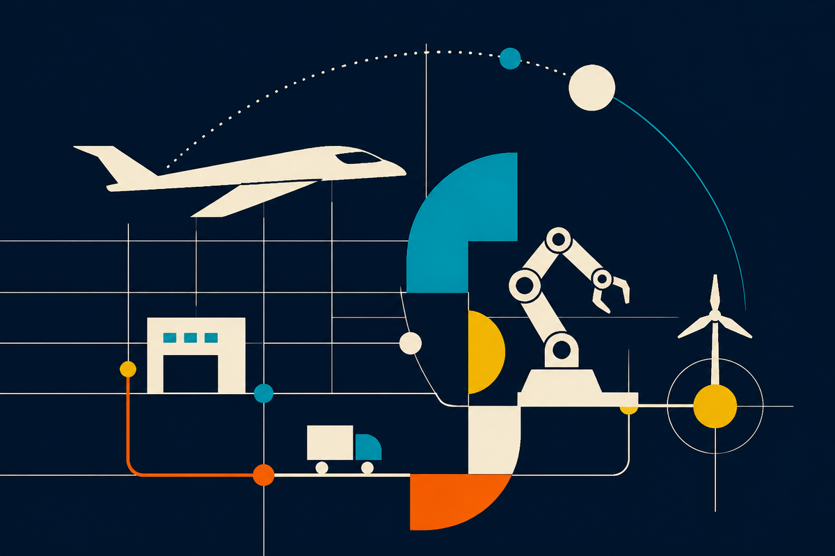 Abstract Swiss-style illustration connecting aircraft, robotics, logistics and energy infrastructure