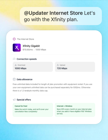 Updater Internet Store product screenshot displaying an Xfinity plan and its details