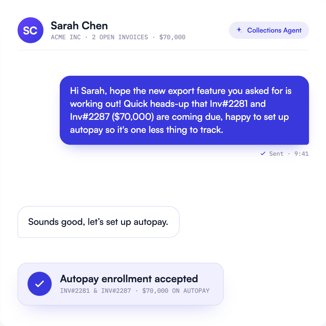 Upflow product illustration of a contextual invoice reminder followed by an autopay enrollment