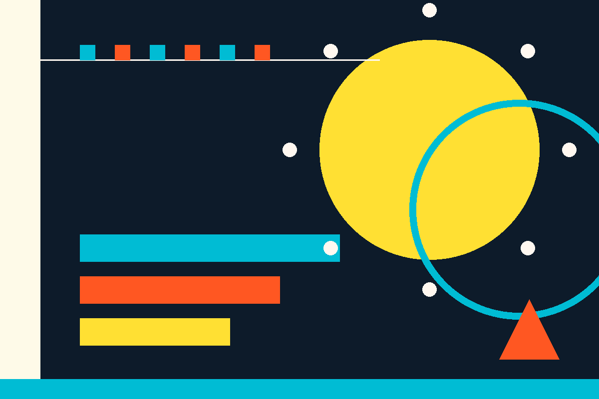 Swiss-style graphic of interlocking shapes representing Upfront Inc's divisions