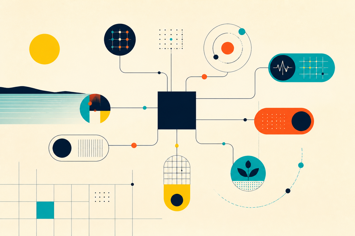 Abstract geometric network connecting a central block to symbols for software, health, climate and aerospace