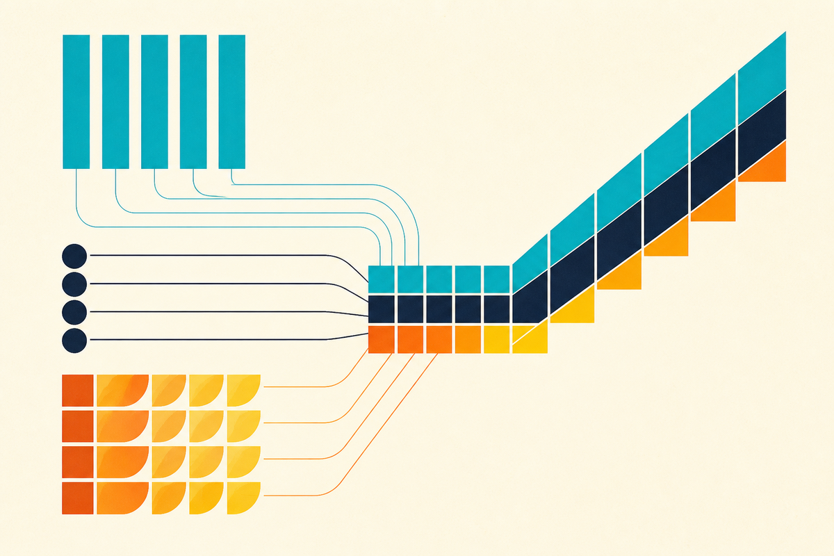 Abstract Swiss-style grid showing multiple inputs converging into an ascending path