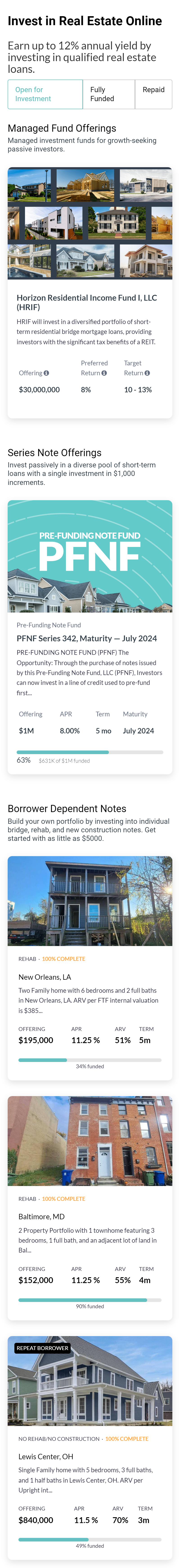 A long scrolling view of Upright's online real-estate investment dashboard