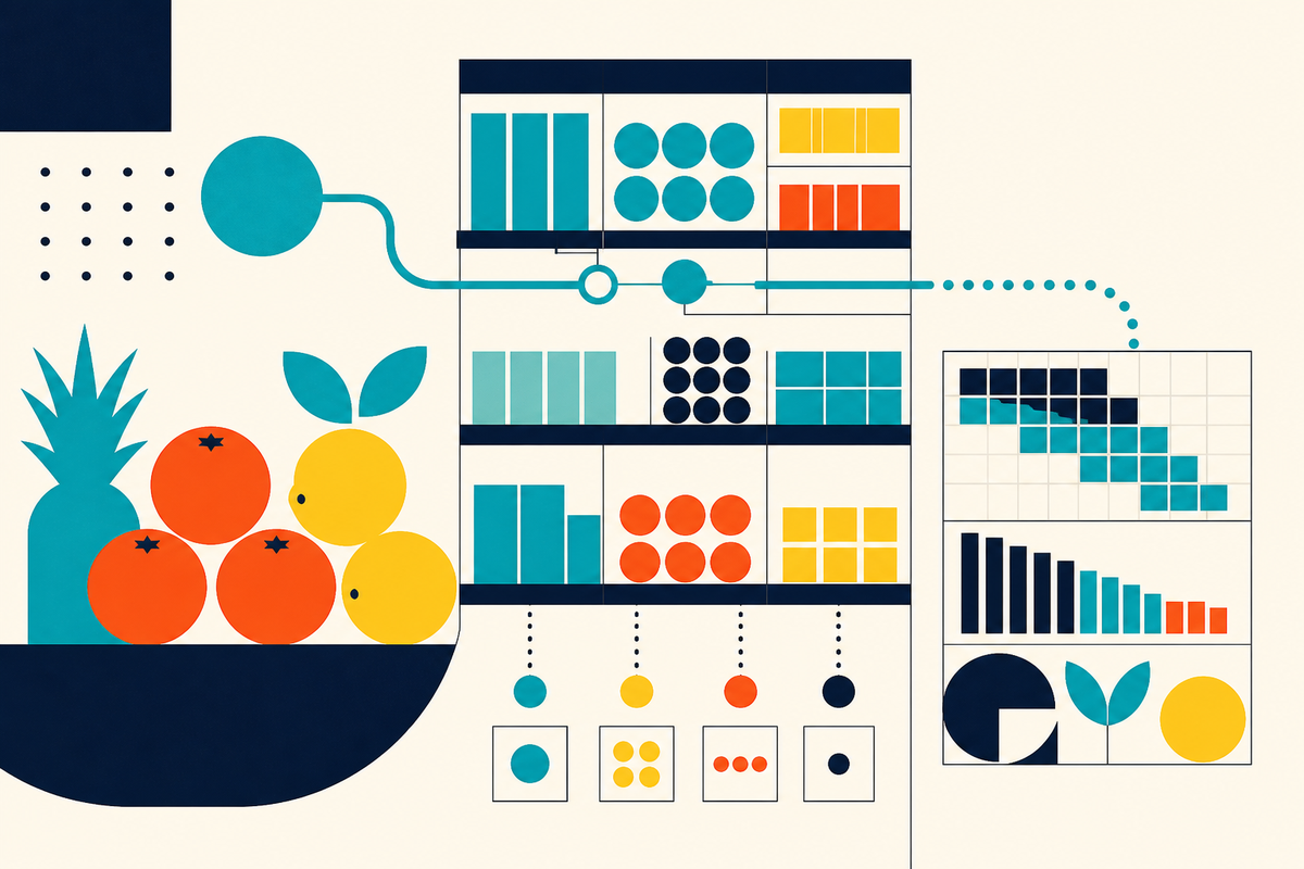 Abstract Swiss-style illustration of produce, shelves, data signals and an inventory chart