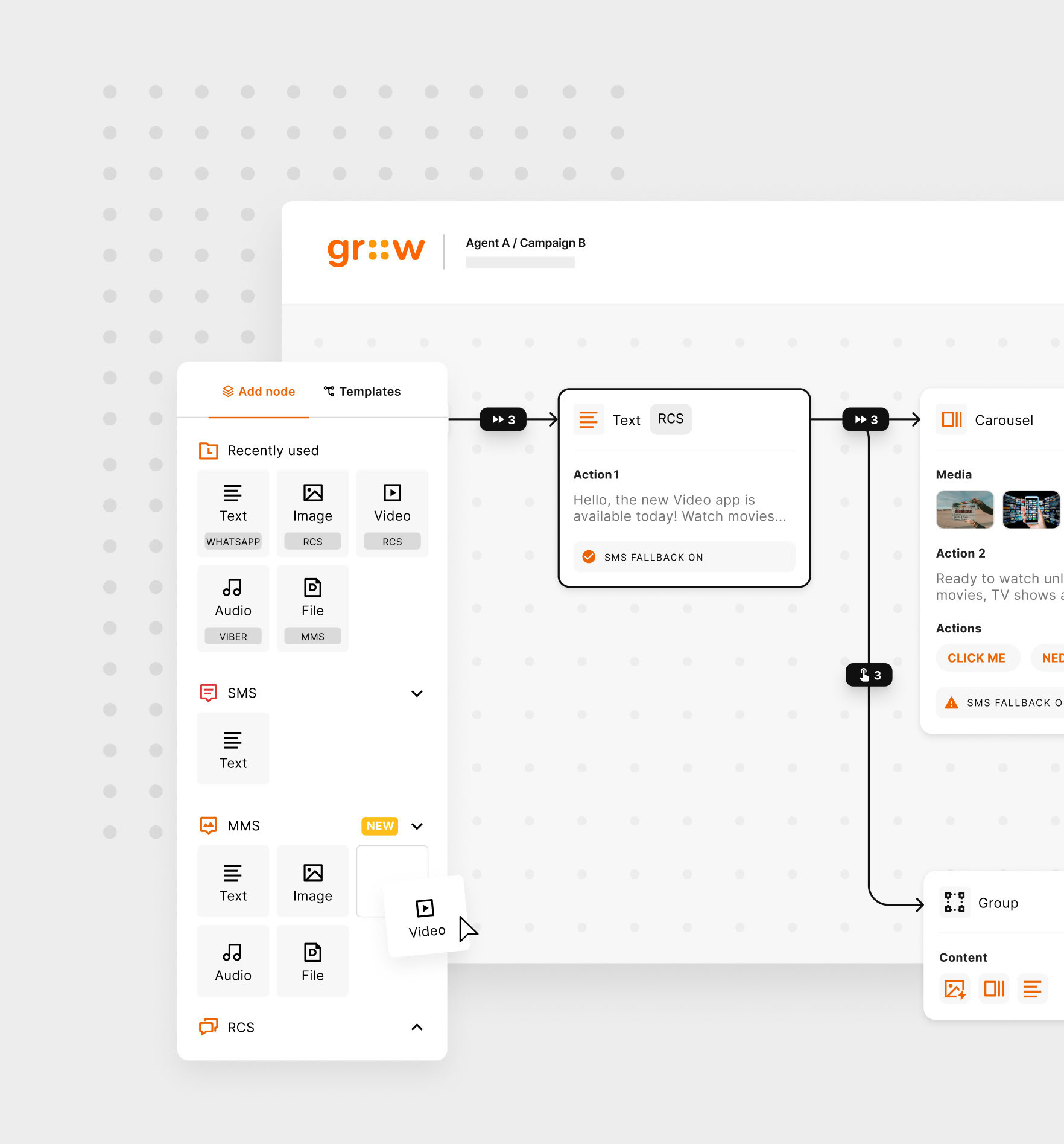 Upstream’s Grow product illustration showing message nodes and channel choices