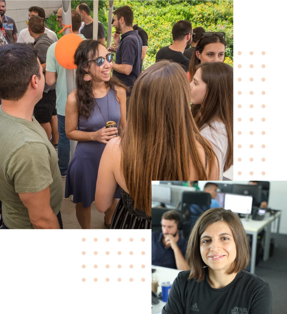 Upstream’s company collage showing colleagues socializing and a team member in an office