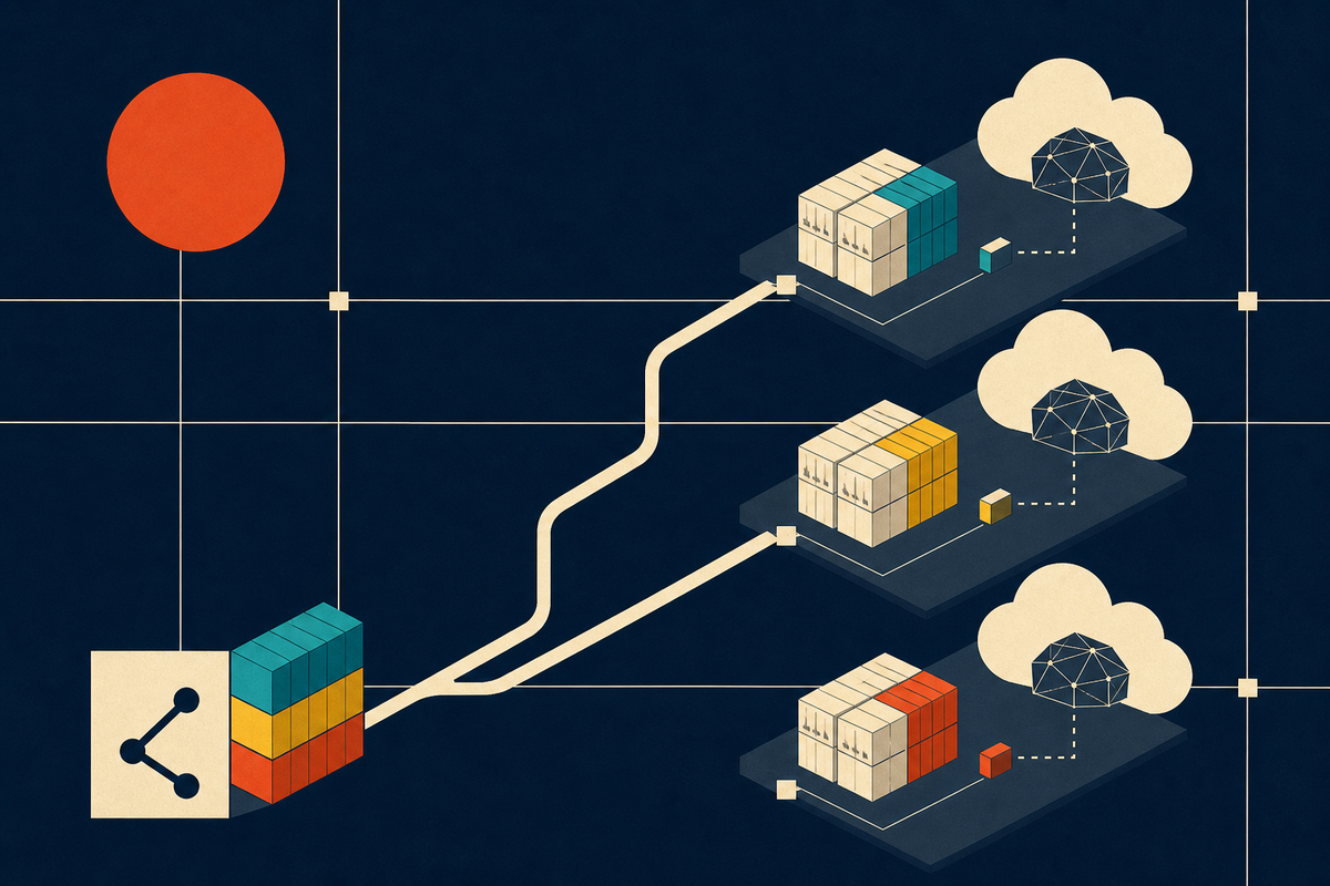 Abstract Swiss-style illustration of one software branch flowing into three isolated cloud environments