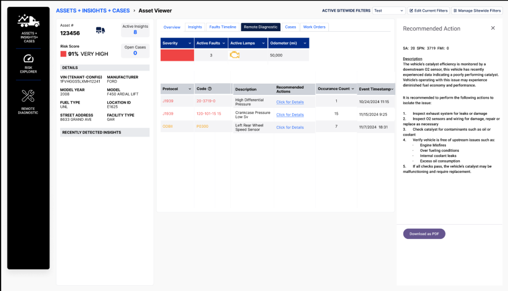 Uptake asset viewer showing vehicle faults, risk and recommended diagnostic actions