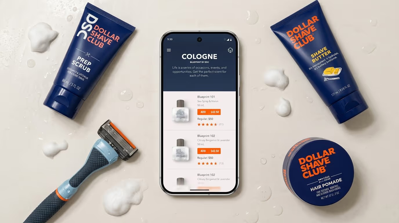 Dollar Shave Club Android shopping app shown beside grooming products