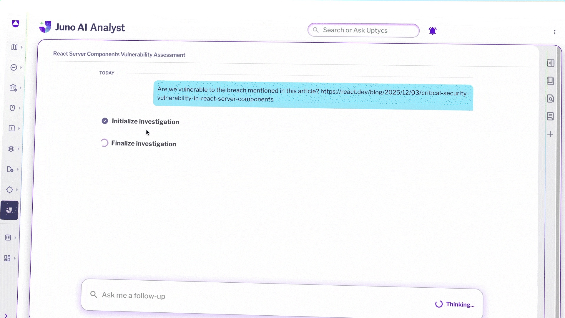 Uptycs Juno product demonstration investigating a React Server Components vulnerability