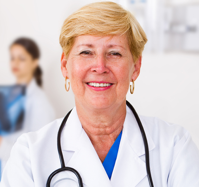Promotional photograph of a clinician with a stethoscope on Urgent Team’s company website