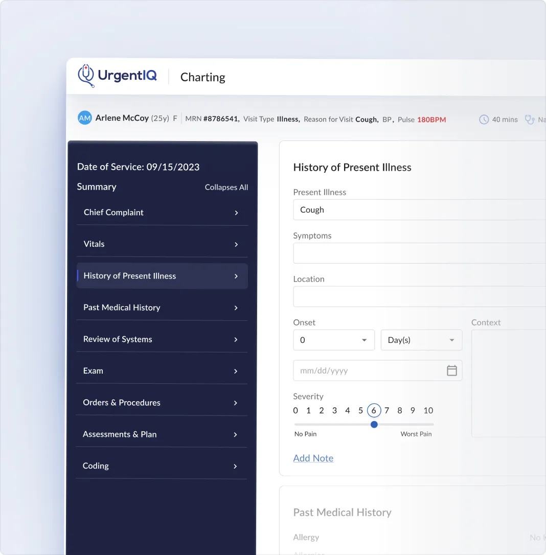 UrgentIQ product mockup showing chart sections and history-of-present-illness fields