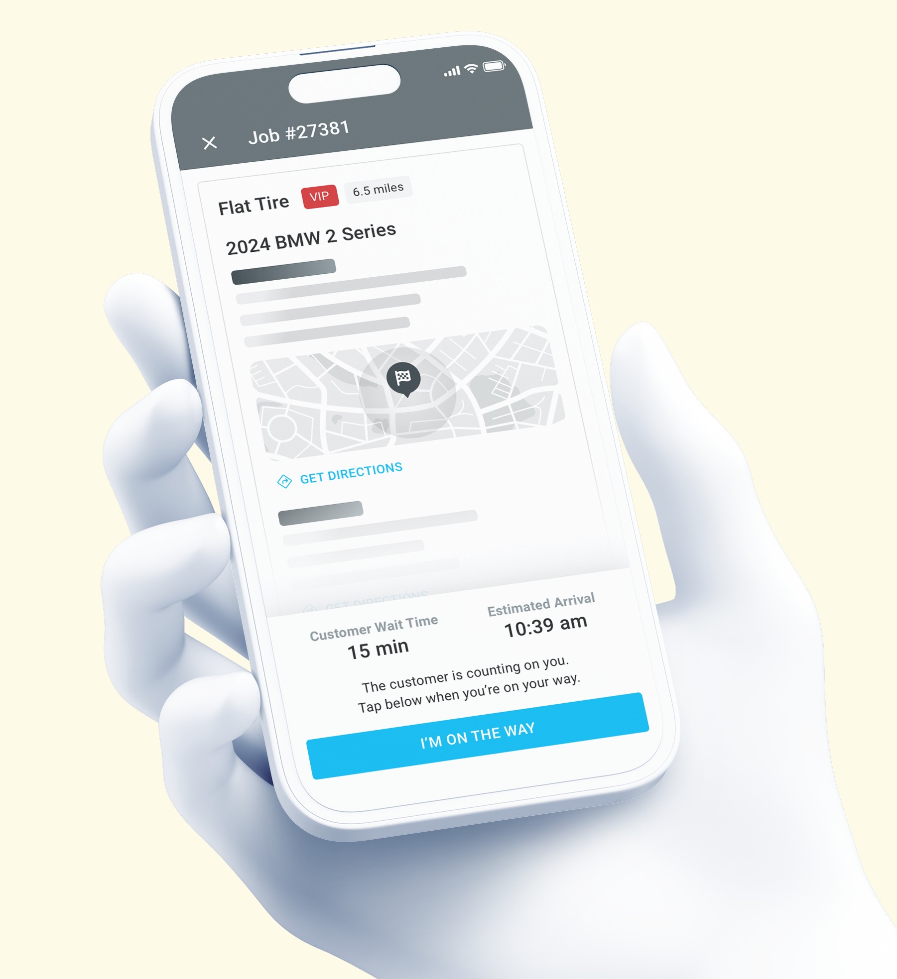 Urgently service-provider mobile interface showing a flat-tire job, directions, wait time and estimated arrival