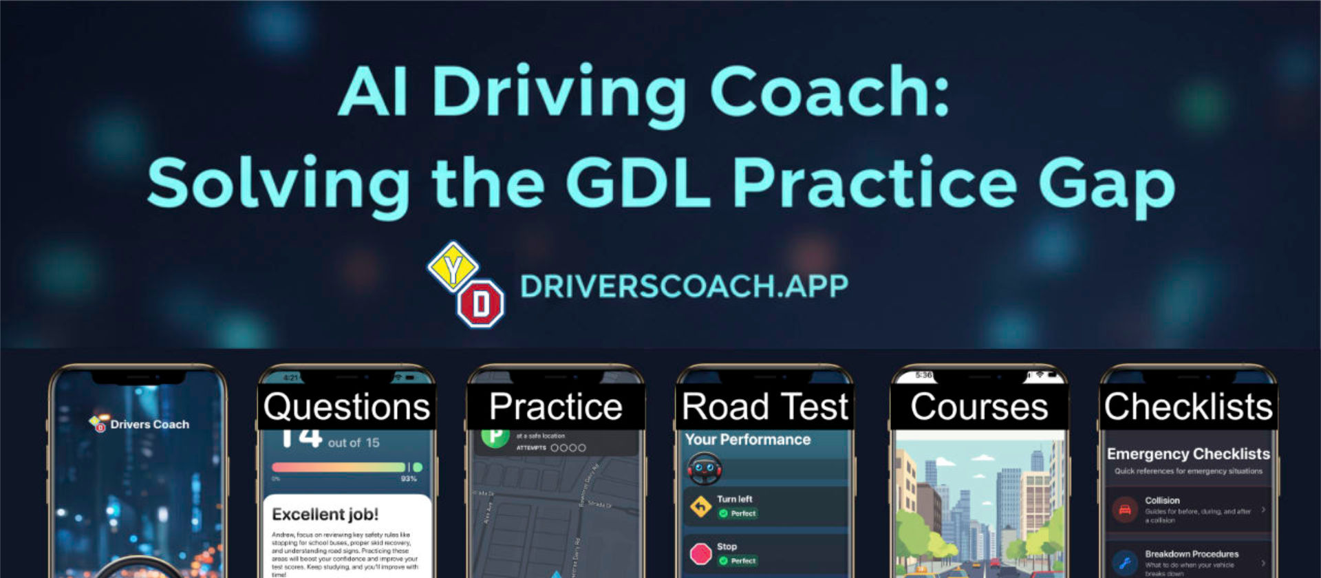 Drivers Coach app screens showing questions, practice, road-test, course, and checklist features
