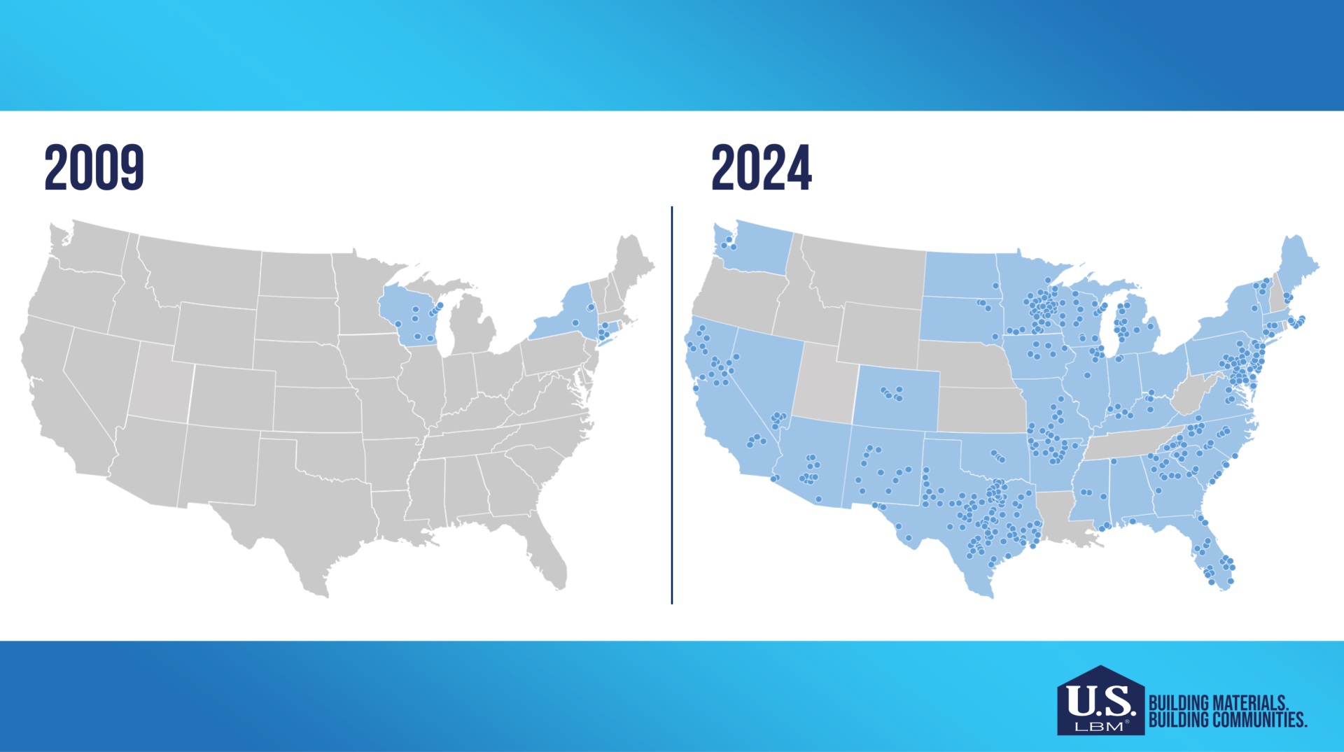 US LBM’s company-supplied map comparing its three-state footprint in 2009 with its wider network in 2024